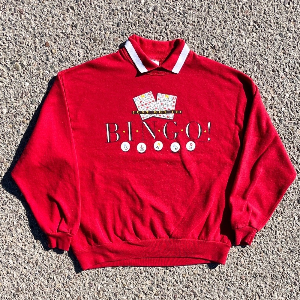 Vtg 1980s Bingo Just Dot It Collared Sweatshirt XL 23.25x27 Gopher Sports
